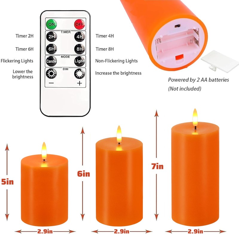 VEEKI Orange Flameless Candles, Set of 3 Flickering LED Candles