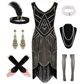 WILDPARTY 1920S Women Flapper Dress V Neck Sequin Bead Fringed Dress Cocktail Dress with Roaring 20s Accessories(BlackGold-M)
