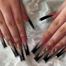 24 Pcs Square Shaped Press on Nails French Tip Fake Nails Long False Nails with Yellow Rhinestone Designs Glossy Full Cover Acrylic Nails Stick on Nails for Women Nails Manicure Decoration