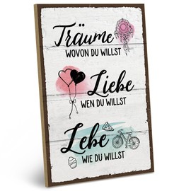 ARTFAVES® Wooden sign with saying "Träume - Liebe - Lebe" (German language) Vintage decorative sign on the theme of happiness/mindfulness | Shabby chic wooden picture also as a gift