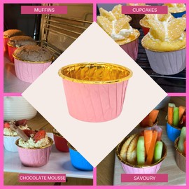 Baking Cup Liners Pink– 100pcs for Cupcakes Muffins Desserts - Gold Foil Lined Wrapper Patty Pan Cases for Parties and Birthdays (Pink)