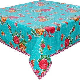 Freckled Sage Oilcloth Products Rose and Grid Aqua with Red Gingham Trim 60x102