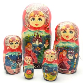 Cinderella Fairy Tale Russian Hand Carved Hand Painted Nesting 5 Piece Doll Set