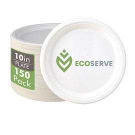 EcoServe 100% Compostable Disposable Paper Plates | Pack of 150 Heavy Duty Disposable Plates | Natural White Color 10 Inches Plates Eco-Friendly, Biodegradable Sugarcane Bagasse Dinner Paper Plate