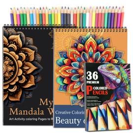 2Pcs Mandala Adult Coloring Books for Women Relaxation with 36 Color Pencils, Adult Coloring Book Spiral Bound, Thick Paper One Sided Design, Coloring Pencils for Adults with Mandala Coloring Books
