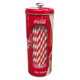 The Tin Box Company Coke Straw Holder Tin with 20 Paper Straws Inside, 3-3/8 x 8-1/4"H, Red and White (771527-12) - Good for 8" Straws or less