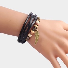 JewelryWe Retro Angel Wings Bracelet Braided Leather Jewellery Wrap Bracelet Couple Bangle for Men Women for Valentine¡¯s Day