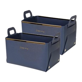 Decorative Faux Leather Basket,Small Catchall Basket for Entryway Bedside Dresser End table,Collapsible Rectangle Tray Organizer Box,Navy Blue,2-Pack