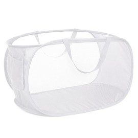 Strong Mesh Pop Up Laundry Basket, Collapsible Laundry Hamper with Side Pocket, Foldable Clothes Pop Up Hamper with Durable Reinforced Handles for Laundry, Bathroom, Kids Room, Dorm or Travel White