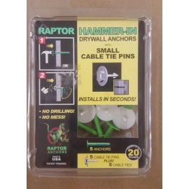 RAPTOR HAMMER IN DRYWALL ANCHORS WITH SMALL CABLE TIE PINS - 5 PACK -HOLDS 20LBS