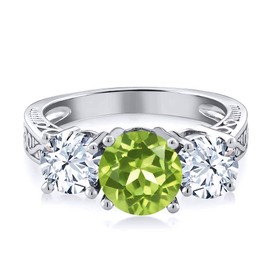 Gem Stone King 925 Sterling Silver Green Peridot and White Topaz 3 Stone Women Ring (2.35 Cttw, Gemstone Birthstone, Available in size 5, 6, 7, 8, 9)