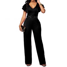 PDBQ Jumpsuit for Women Dressy V-Neck High Waist Ruffle Sleeve Loose Long Wide Leg Pants Suits Romper Black XXL