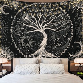 Dremisland Tree of Life Tapestry Trippy Mandala Wall Tapestry Sun and Moon Tapestries Black Galaxy Stars Tapestry Bohemian Aesthetic Wall Hanging Bedroom Home Decor (XL/175X230cm(69"X91"), Black)