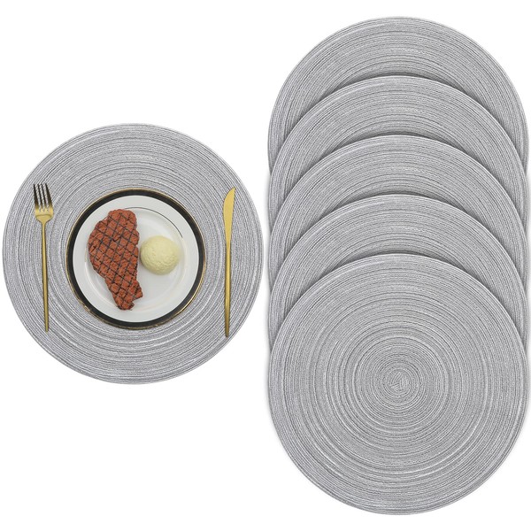 Pauwer Woven Round Placemats 6 Pieces Heat Insulation Non Slip Braided Cotton Dinner Table Mats Large Washable Place Mat for Kitchen Dining Table (Light Gray, 38 cm)