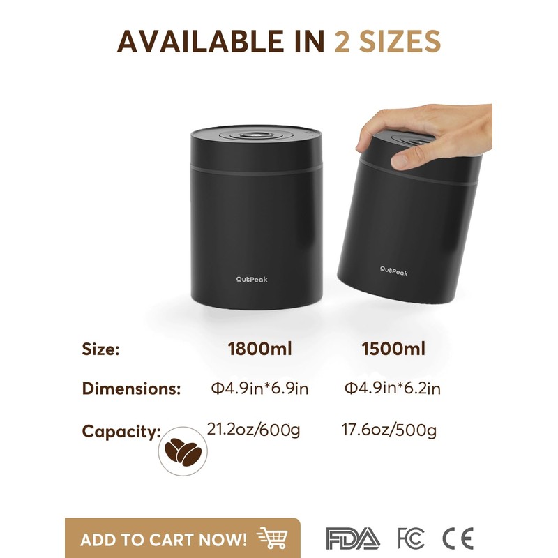 OUTPEAK 2025 Kilo Auto Vacuum Coffee Canister, 1.8L for 21.2oz