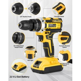 21V Cordless Drill Driver Kit, 25+1 Clutch, 2 Batteries & Charger, 3/8" Keyless Chuck, LED Light, Complete Drill Set with Carry Case, Ideal for Home Improvement, Household Repairs & DIY Projects
