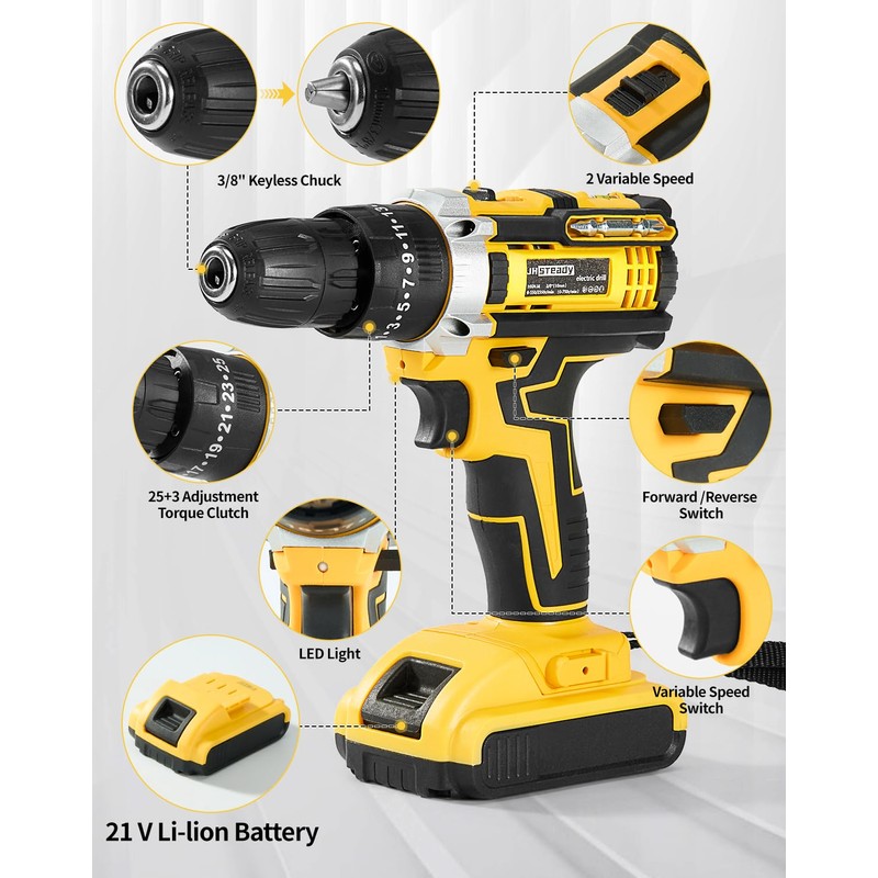 21V Cordless Drill Driver Kit, 25+1 Clutch, 2 Batteries &