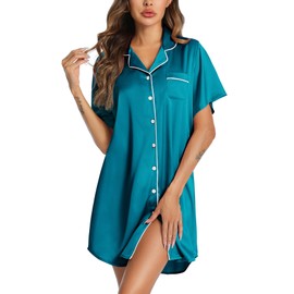 Senert Women's Nightgown V Neck Silk Pajamas Button Down Sleepwear Short Sleeve Nightshirts Soft Button Sleep Dress Peacock Blue,Large