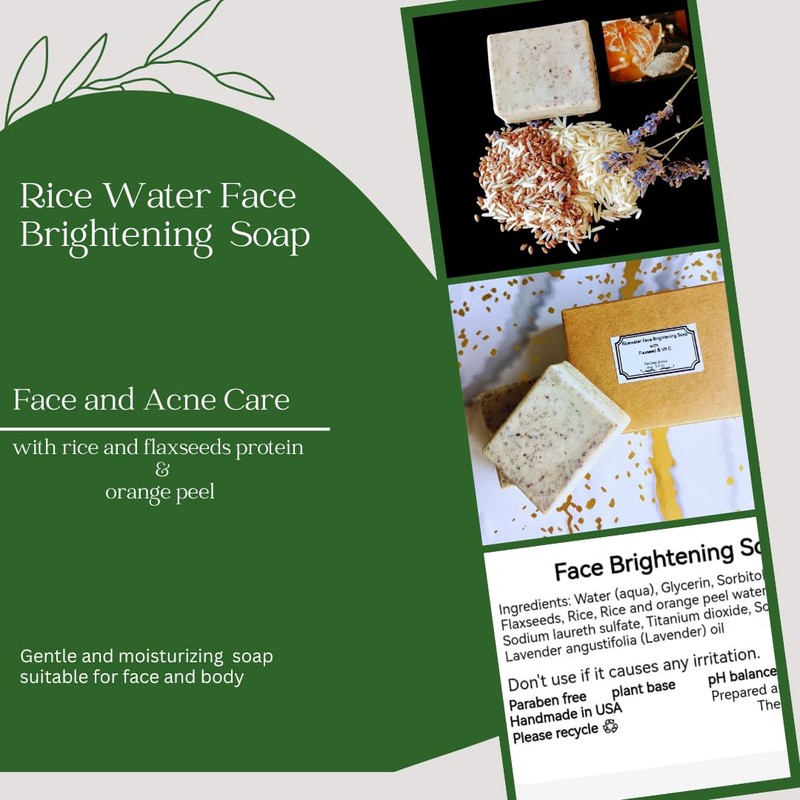 Rice Water Face Brightening Soap with Flaxseeds Protein & Vitamin