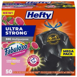 Hefty Ultra Strong 30 Gallon Trash Bags, Large Trash Bags, Multipurpose, Break Resistant Drawstring Closure, Resists Leaks, Punctures, and Tears, Black, Fabuloso Watermelon Scent, 50 Bags