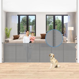 Reinforced 150 Inch Retractable Baby Gates Extra Wide Pet Gate for Large Openings, Upgrade Extra Wide Retractable Gate for Dog to Prevent Bottom Crawling Through, Long Mesh Child Gate Deck Gate, Gray