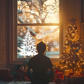 KIPTVO 202PCS Christmas Window Stickers, Double Sided Xmas Window Stickers Christmas Scene, Snow Flakes Stickers Merry Christmas Window Decals, for Office Christmas Themed Party