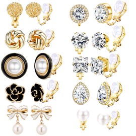 10 Pairs Gold Clip Earrings for Women, Fashion Hypoallergenic Gold-Plated Ear Clips Butterfly Pearl Flower Cubic Zirconia Stones Ear Clips Without Pierced Earrings for Children Girls Fashion Jewellery