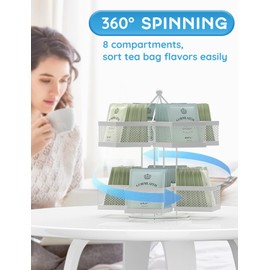 VOGWOLTH Tea Bag Organizer, Tea Bag Storage Holder Spinning Carousel 96 Teabags Container, Lazy Susan Coffee Creamer Sweetener Tea Caddy for Kitchen Counter Cabinet Pantry Shelf Organizer
