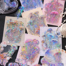 120 Pcs Holographic Glitter Jellyfish Ocean Life Stickers - Transparent Sea Marine Animal Stickers for Junk Journal,Scrapbooking Supplies