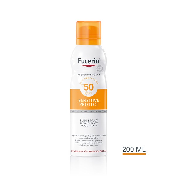 Eucerin protector solar corporal spray transparente toque seco piel sensible FPS 50 50ml.
