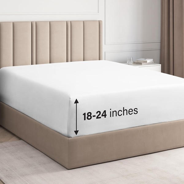 Extra Deep Queen Fitted Sheet - Hotel Luxury Single Fitted Sheet Only - Easily Fits 18 inch to 24 inch Mattress - Soft, Wrinkle Free, Breathable & Comfy Extra Deep Pockets White Fitted Sheet