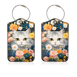 Redvigh Cat Leather Luggage Tag 2PCS, Luggage Tag for Suitcase Privacy Cover ID Label for Women Travel Suitcase Tags Identity Label with Loop for Schoolbag Travel Bag