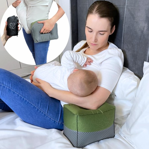 Breast Intentions ® Portable Nursing Pillow, Inflatable Breastfeeding Pillow with Adjustable Height and Firmness, Arm Rest for Supporting Baby and Toddler, Baby Feeding Support Block + 1 Storage Pouch