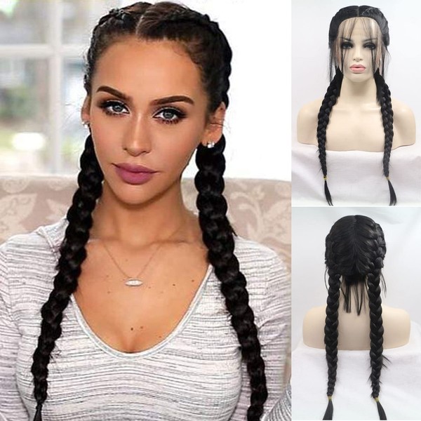 Black Twist Braided Wigs for Women Long Braided Lightweight Wigs with Baby Hair Realistic Full Lace Front Dutch Braids Hair Wig Glueless Synthetic Heat Resistant Cosplay Daily Drag Queen 22 Inches