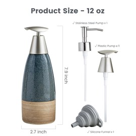 12 oz Dish Soap Dispenser with 2 Pumps, Ceramic Hand Soap Bottle for Shampoo, Body Wash, Lotion, Liquid Dispenser for Kitchen Countertop with Silicone Funnel, Blue