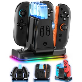 Switch 1/2 Joy-Con Pro Controller Charging Stand 3-Way Chargeable Switch 2 Joycon Pro Controller Charger Holder with LED Indicator and RGB Light, Storage Dock Space Saving