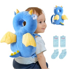 JumiLux Baby Head Protector Backpack (9 to 24 Months) - Cute Head Guard Pillow with Knee Pads and Socks, Crawling and Walking Safety Set, Toddler Head Cushion Backpack, Blue