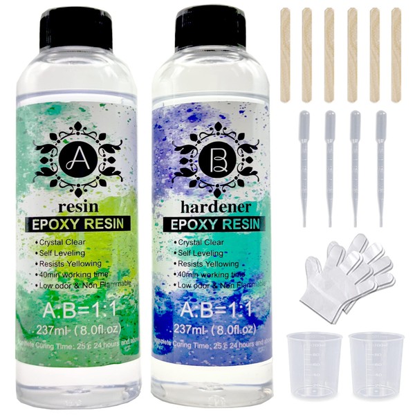 16 Oz Epoxy Resin Kit Crystal Clear for Art, Jewelry, Crafts,Coating, DIY, River Table Tops, Molds, Art Painting, Easy Mix 1:1 Ratio, Come with 2 pcs Measuring Cups, 6pcs Sticks, 2 Pair Gloves
