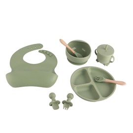 8 Pcs Silicone Baby Feeding Set Bib Suction Plate Bowl Fork Spoon Straw Cup Baby Weaning Feeding Supplies Green