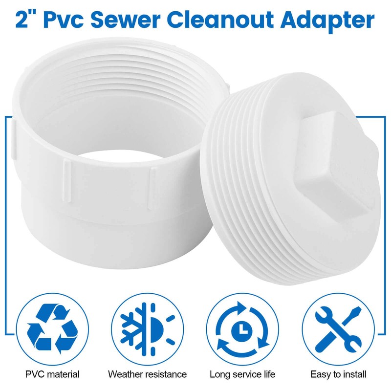 2" PVC Sewer Cleanout Adapter with Plug Pipe Fitting, PVC