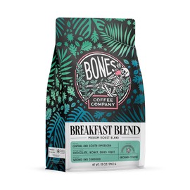 Bones Coffee Company Breakfast Blend Whole Coffee Beans, Low Acid Flavored Coffee, Made with Arabica Coffee Beans, Medium Roast Gourmet Coffee, Coffee Lover Gift Ideas (12 oz)