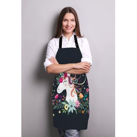 Wasach Floral Unicorn Apron, Fantasy Unicorn Adjustable Neck Bib Apron for Men Women,Suitable for Kitchen Cooking Waitress Chef Apron