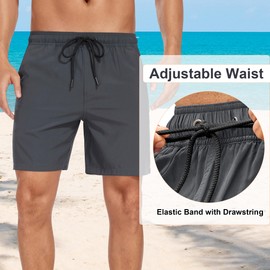 HANERDUN Men's Swim Shorts Swimming Trunks ‌Board Shorts 2-in-1 Compression Liner Beach Shorts with Zipper Pockets Grey