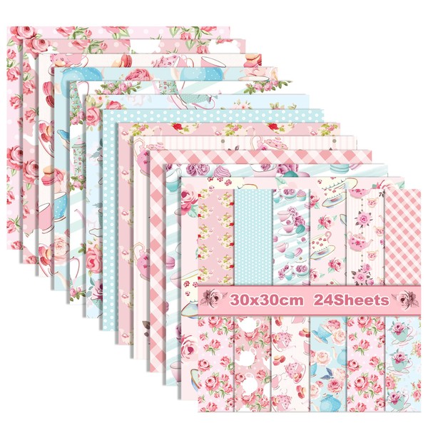GLKTOPO 12 Inches Pink Grid Tea Cup Pattern Scrapbook Paper