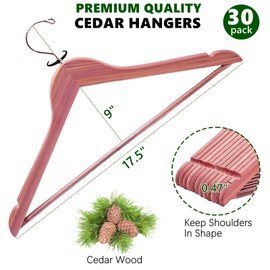 Amber Home 30 Pack American Red Cedar Hangers, Smooth Finish Wood Coat Hangers with Swivel Hook & Notches for Suit, Shirt, Dress, Jacket, Pants
