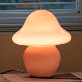 HEQET Mushroom Lamp Pink Glass Mushroom Table Lamp for Bedrooms, Living Room, Aesthetic Lamps for Bedroom, Cute Bedside Lamp