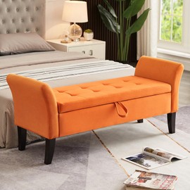 NIOIIKIT 51.5” Storage Ottoman Bench, Velvet Upholstered Entryway Bench, End of Bed Button Tufted Ottoman Bench, Bedroom Bench with Flip Top for Bedroom, Living Room (Orange)