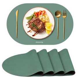 Silicone Placemats, Dining Table Placemats, Oval Placemats Set of 4. Heat-Resistant and Easy to Clean Siliconty Placemats, Non-Slip Silicone Placemats for Table Protection. (4, Dark Green)