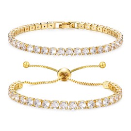 TempBeau Tennis Bracelets for Women 2Pcs Gold Plated Stainless Steel Cubic Zirconia Bangles Adjustable Diamond Bracelet Birthday Wedding Costume Jewelry Gifts for Girls Bride Mom Girlfriend