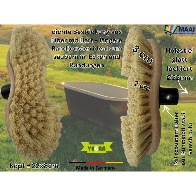 MAAJ Bath Brush 40 cm Hard Fibre Bristles Vegan Plastic
